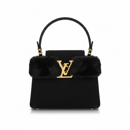 Black Top Handle Bag with Fur Trim and Gold LV Logo 🖤✨