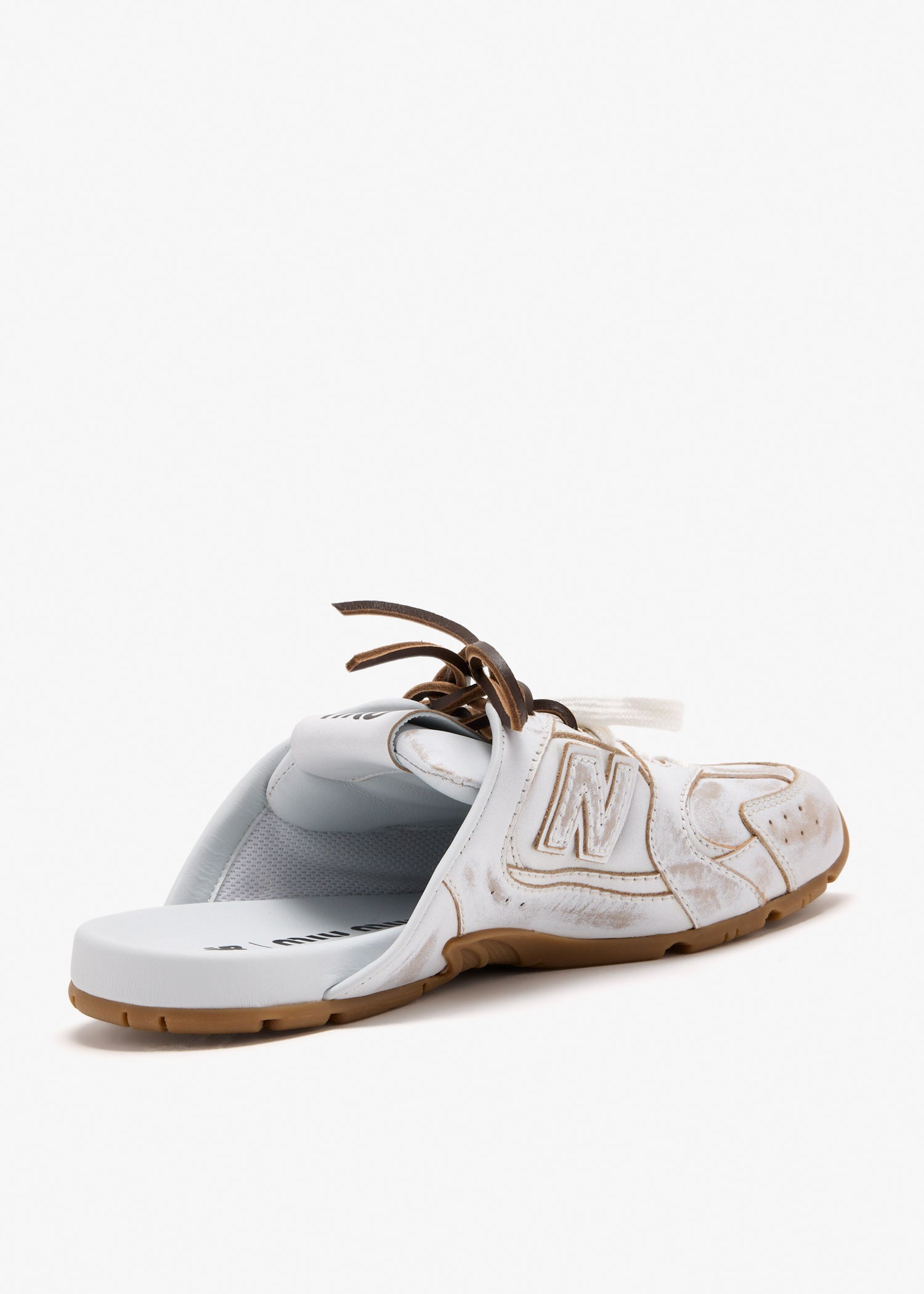 Miu Miu x New Balance white mule sneakers with gum sole and mixed laces