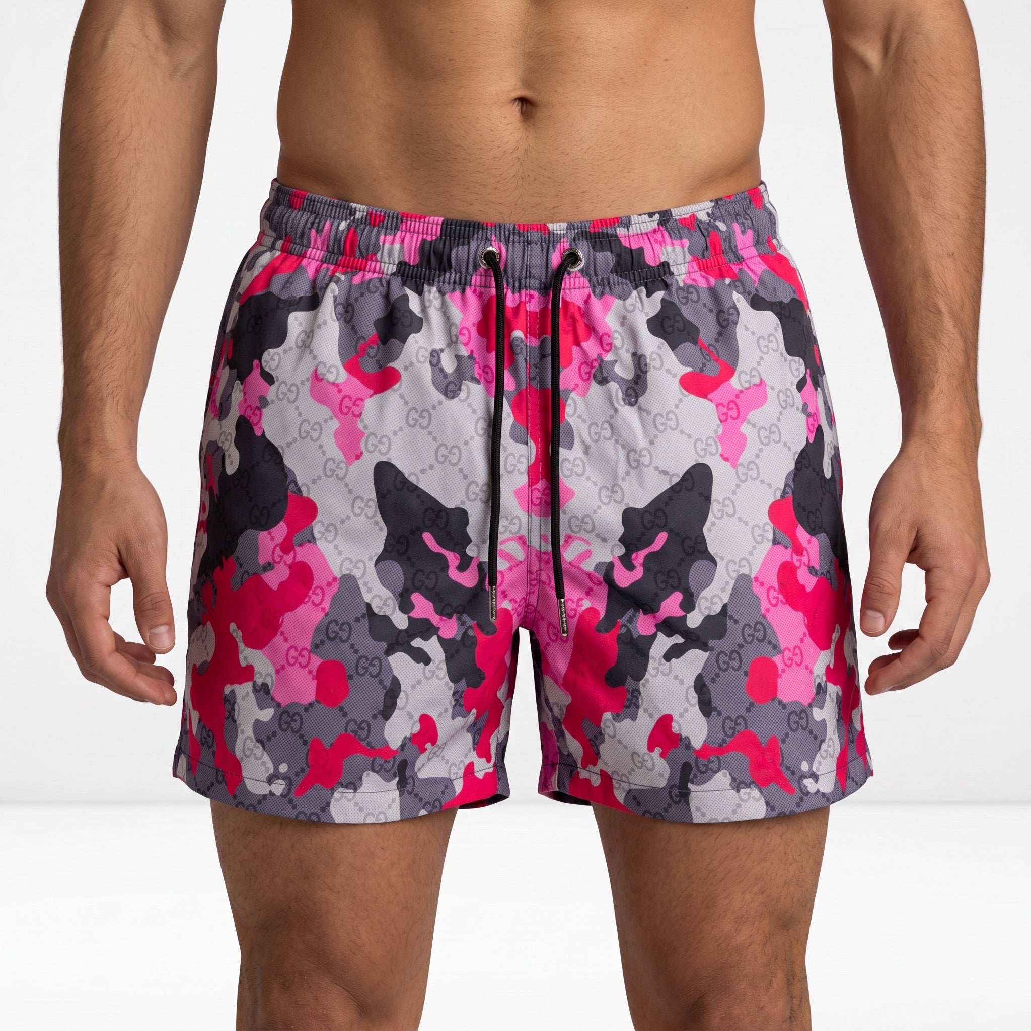 Gucci pink camouflage swim shorts with GG motif and black drawstring