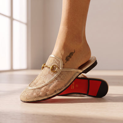 Gucci beige gold horsebit mule with monogram mesh and red branded sole