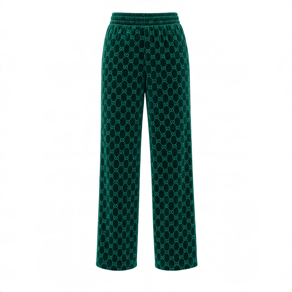 emerald green velour Gucci-style track jacket and matching pants with GG pattern