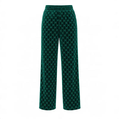 emerald green velour Gucci-style track jacket and matching pants with GG pattern