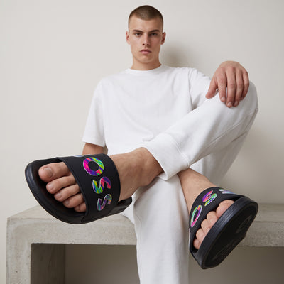Black BOSS slide with multicolour raised logo on strap