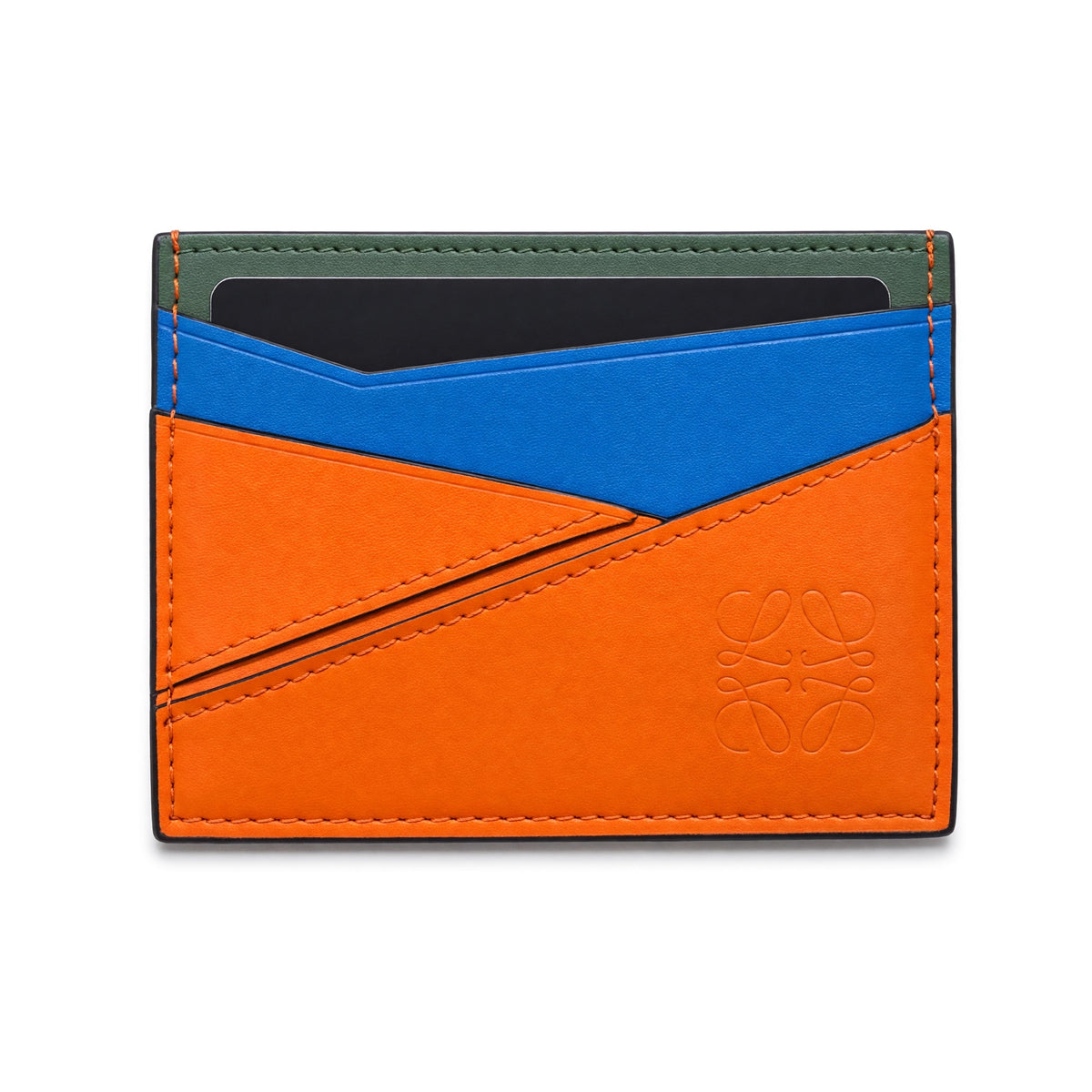 Loewe multicolor orange blue green leather card holder with embossed logo