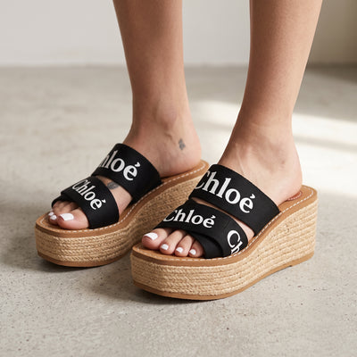 Black Chloé logo double-strap espadrille wedge sandals with braided platform