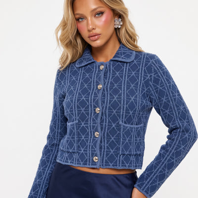 blue cropped geometric jacquard knit cardigan with collar and gold buttons