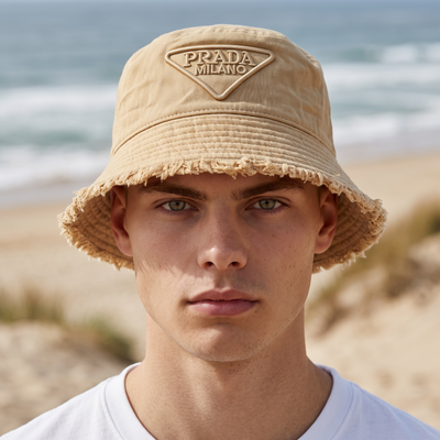 Prada Camel Distressed Bucket Hat 🐫 | Washed Cotton Hat with Tonal Triangle Logo