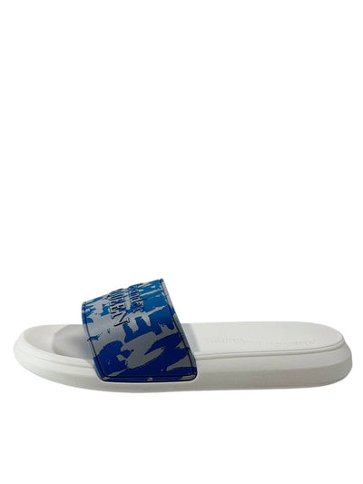 Alexander McQueen Urban Graphic Slide Sandals – Blue & White Luxury Streetwear 💙✨
