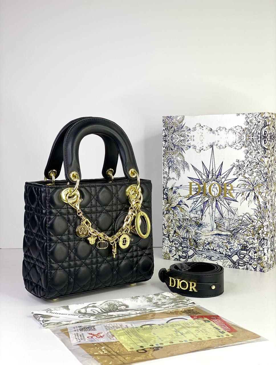 Lady Dior Medium Bag in Black Cannage Leather with Gold Charms