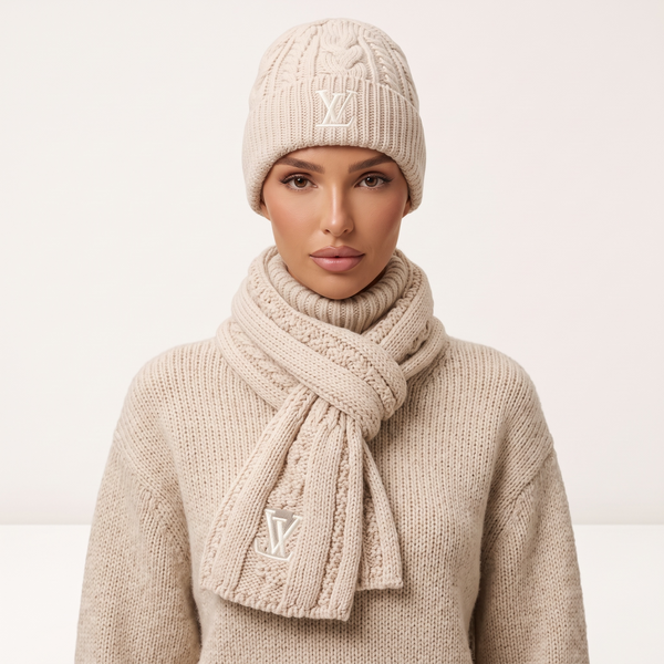 🤍 Louis Vuitton Ivory Cable Knit Beanie & Scarf Set – Elegant Winter Essential ❄️