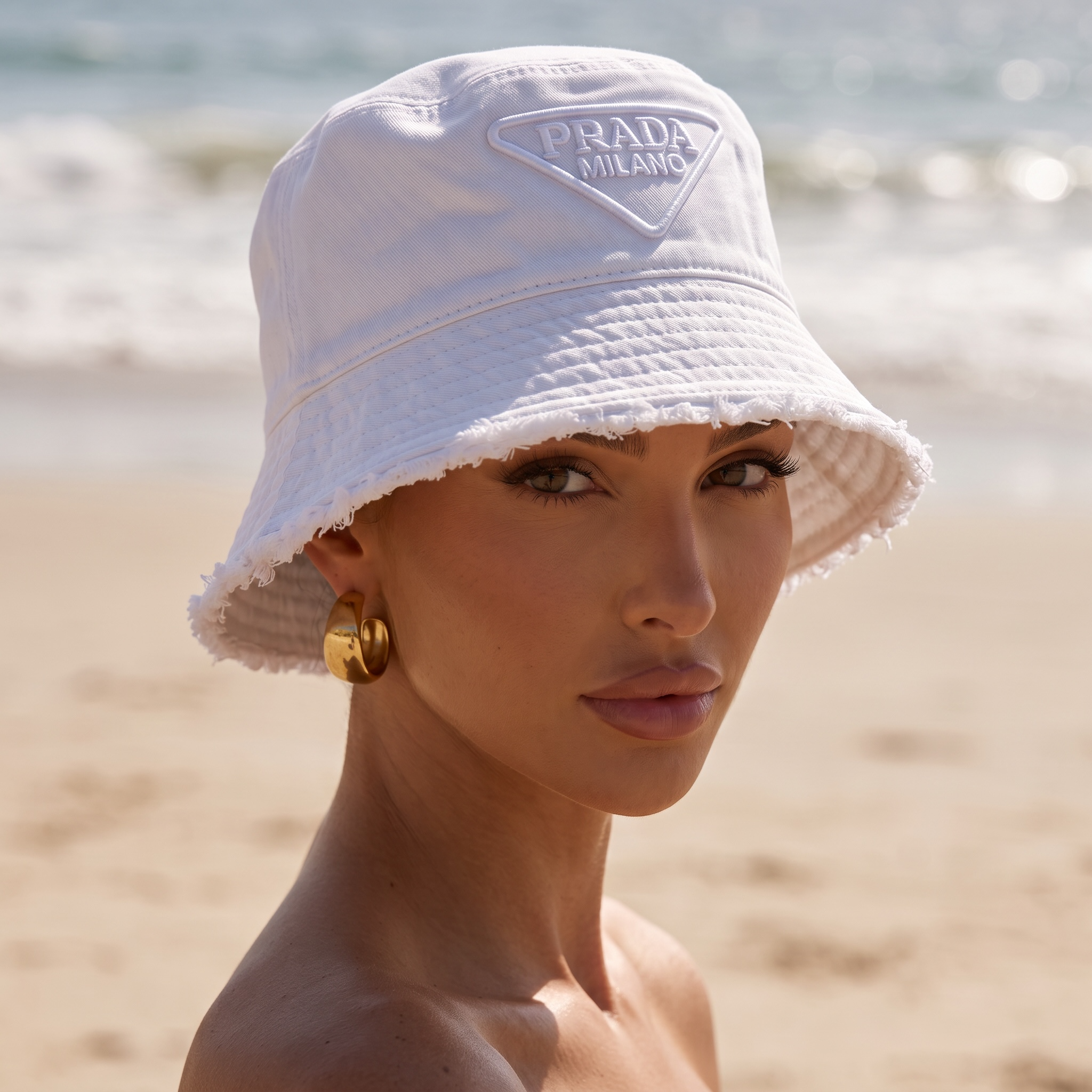 Prada Off-White Distressed Bucket Hat 🤍 | Washed Cotton Hat with Tonal Triangle Logo