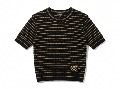 🖤 Chanel Metallic Stripe Knit Top – Black & Gold Edition