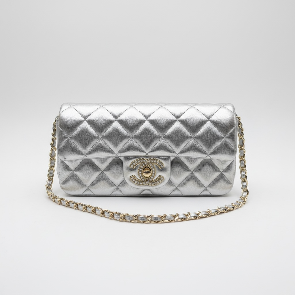✨ Chanel Silver Quilted Chain Bag – Crystal CC Metallic Shoulder Bag