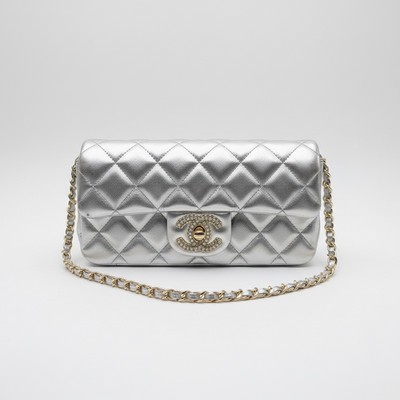 ✨ Chanel Silver Quilted Chain Bag – Crystal CC Metallic Shoulder Bag