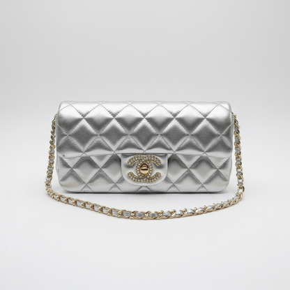 ✨ Chanel Silver Quilted Chain Bag – Crystal CC Metallic Shoulder Bag