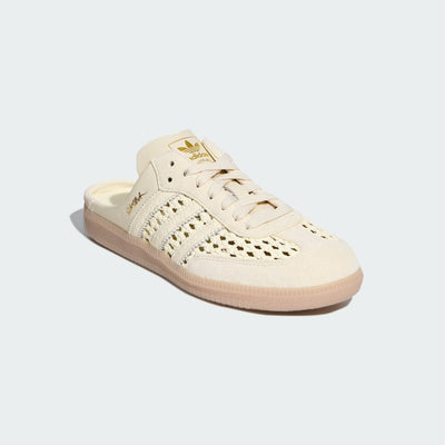 Cream Adidas Samba mule with woven upper and gum sole, backless slip-on style