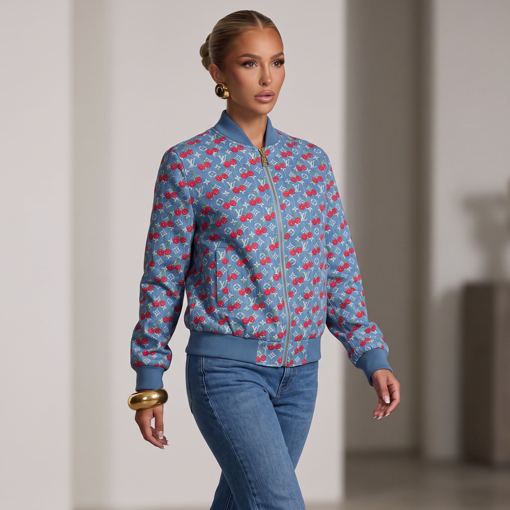 Blue Louis Vuitton bomber jacket with cherry and monogram print