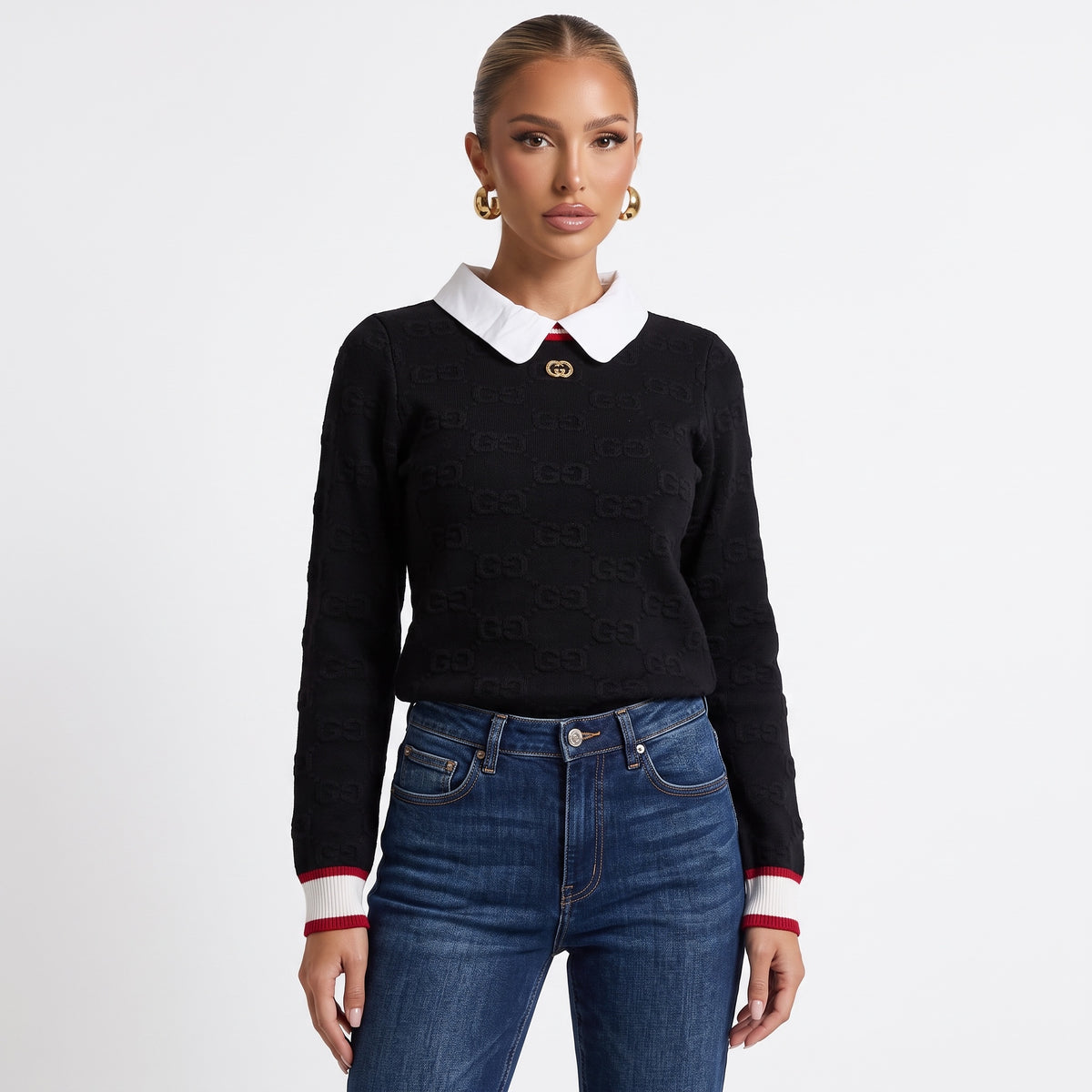 Black Gucci sweater with white Peter Pan collar, gold double G button and red/white ribbed hem