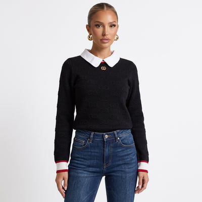 Black Gucci sweater with white Peter Pan collar, gold double G button and red/white ribbed hem