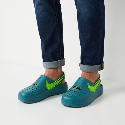 Teal Nike Air Force 1 clog with neon green Swoosh and AF1 badge