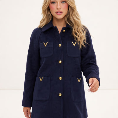 navy women's wool jacket with gold V hardware and gold buttons
