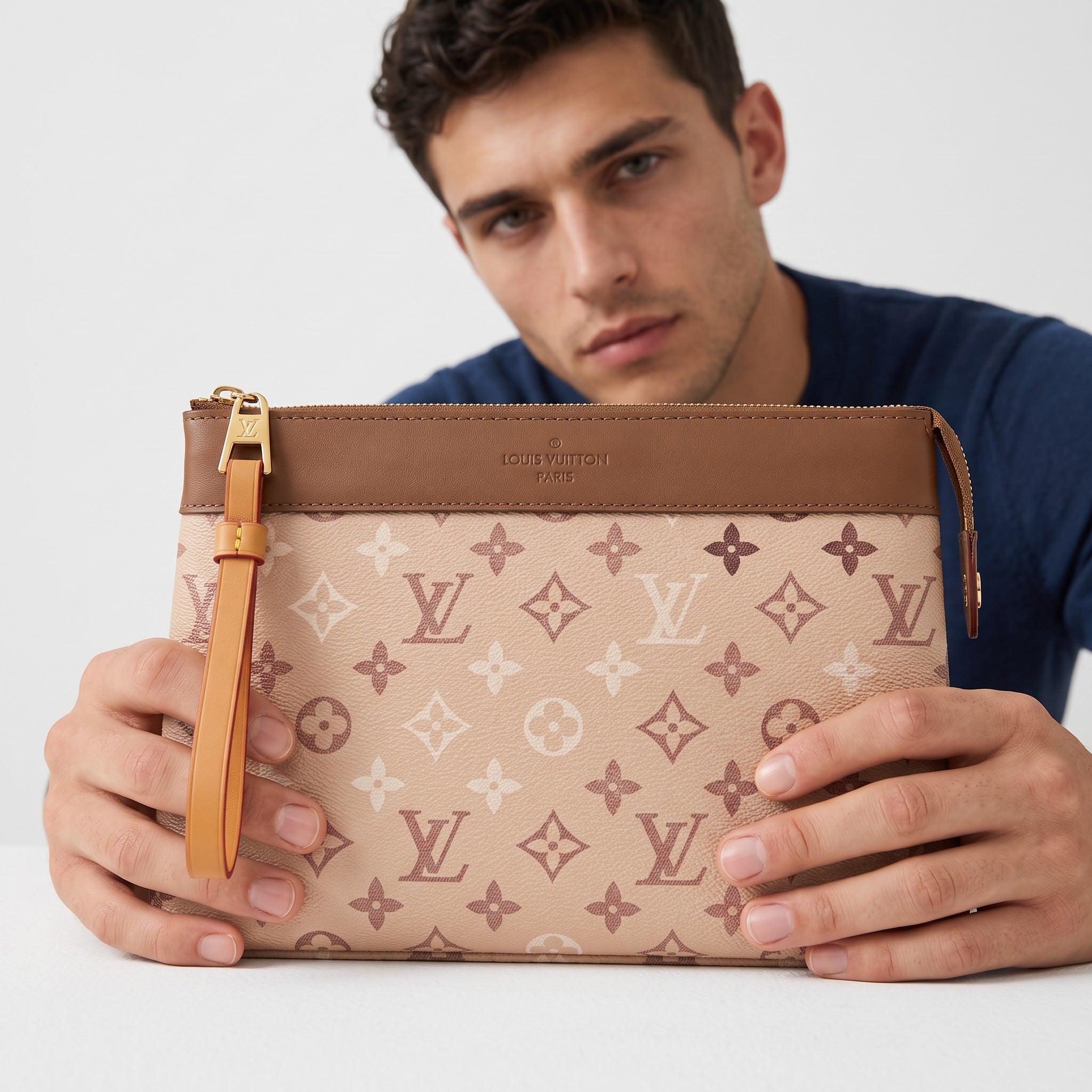 Louis Vuitton beige monogram zipper pouch with tan trim and wrist strap