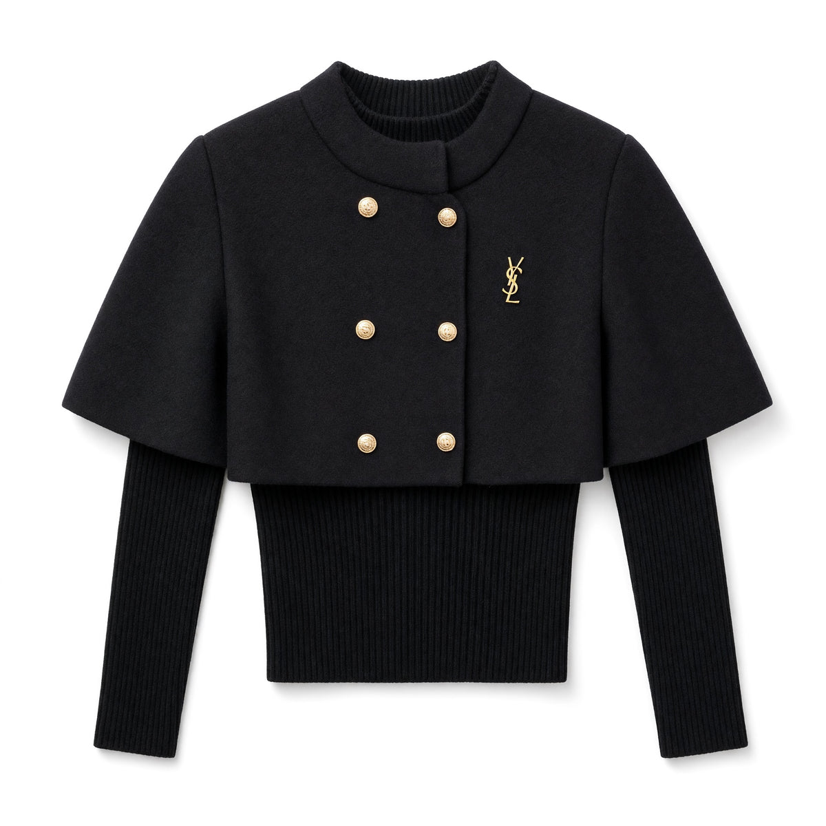 Saint Laurent black cropped cape jacket with gold buttons and YSL logo