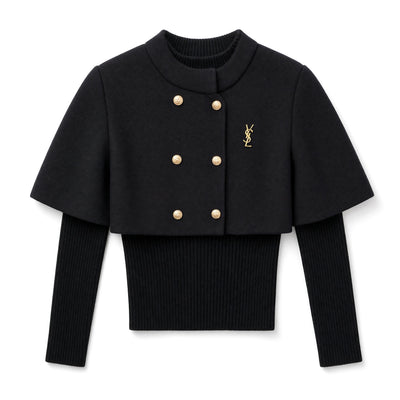 Saint Laurent black cropped cape jacket with gold buttons and YSL logo