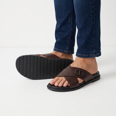Dior men's brown cross-strap slides with CD logo and black sole
