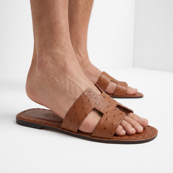Hermès Men's Slide – Tan Perforated Leather 🟫