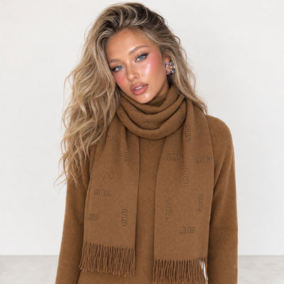 brown Miu Miu knit scarf with tonal logo and fringed ends