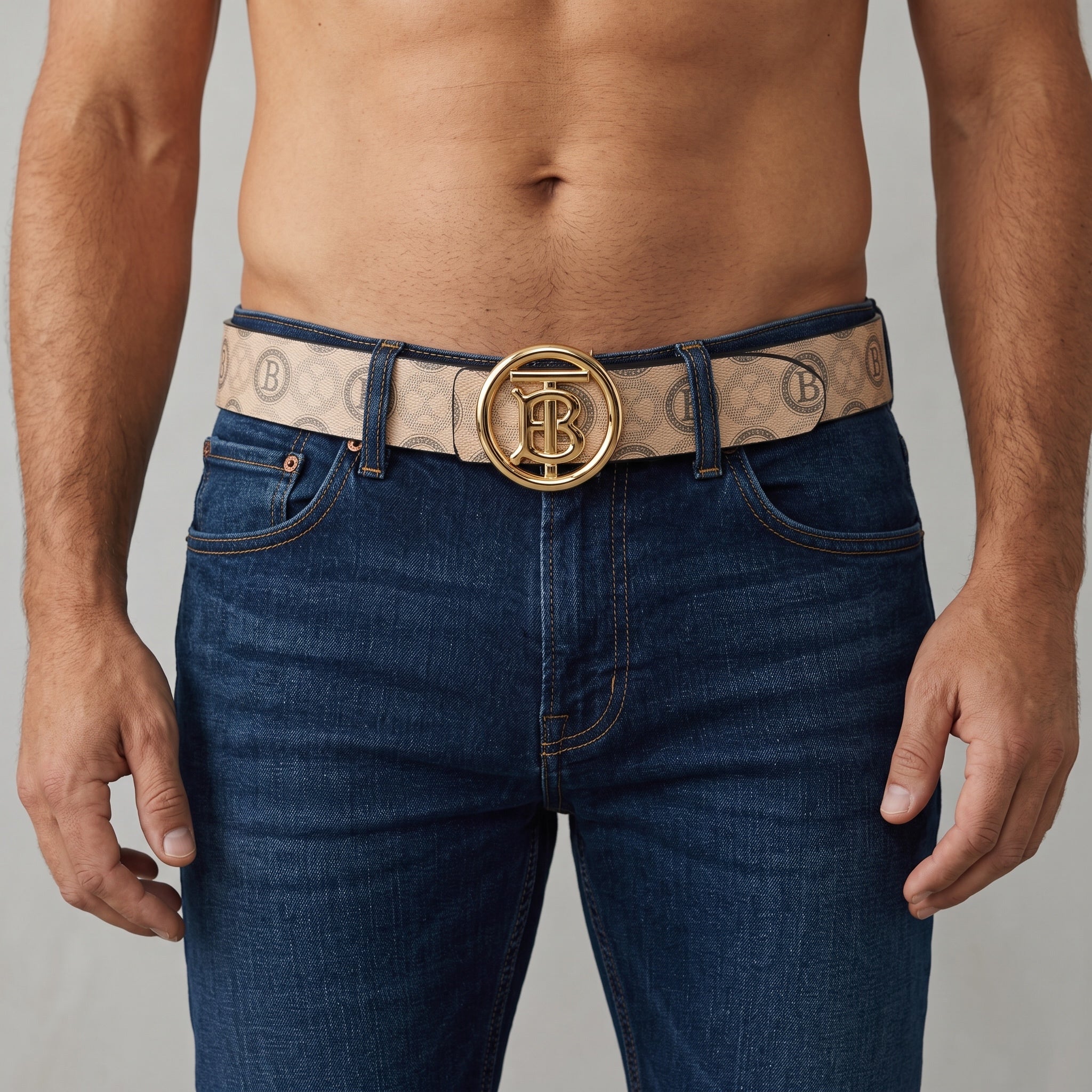 Beige Burberry TB monogram belt with gold circular buckle worn with jeans
