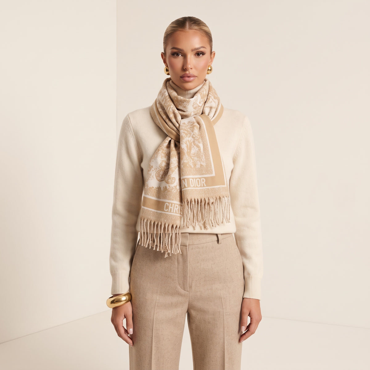 Beige and ivory Dior logo jacquard scarf with fringe wrapped around model