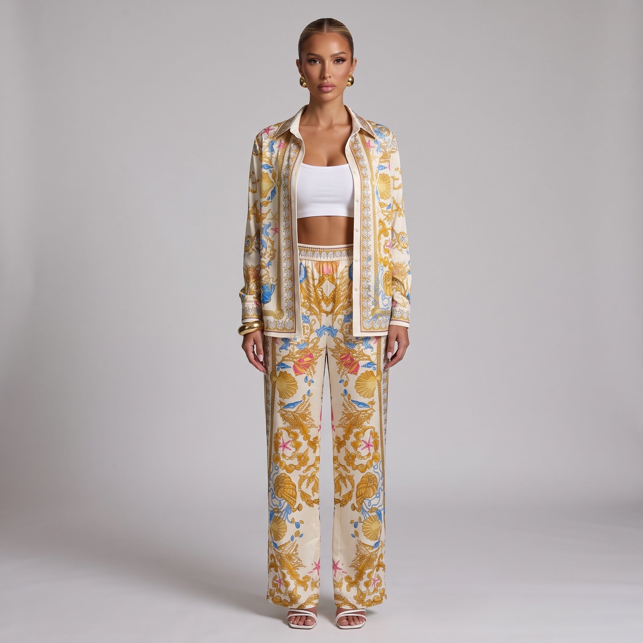 Versace cream printed button-up shirt with gold baroque seashell pattern
