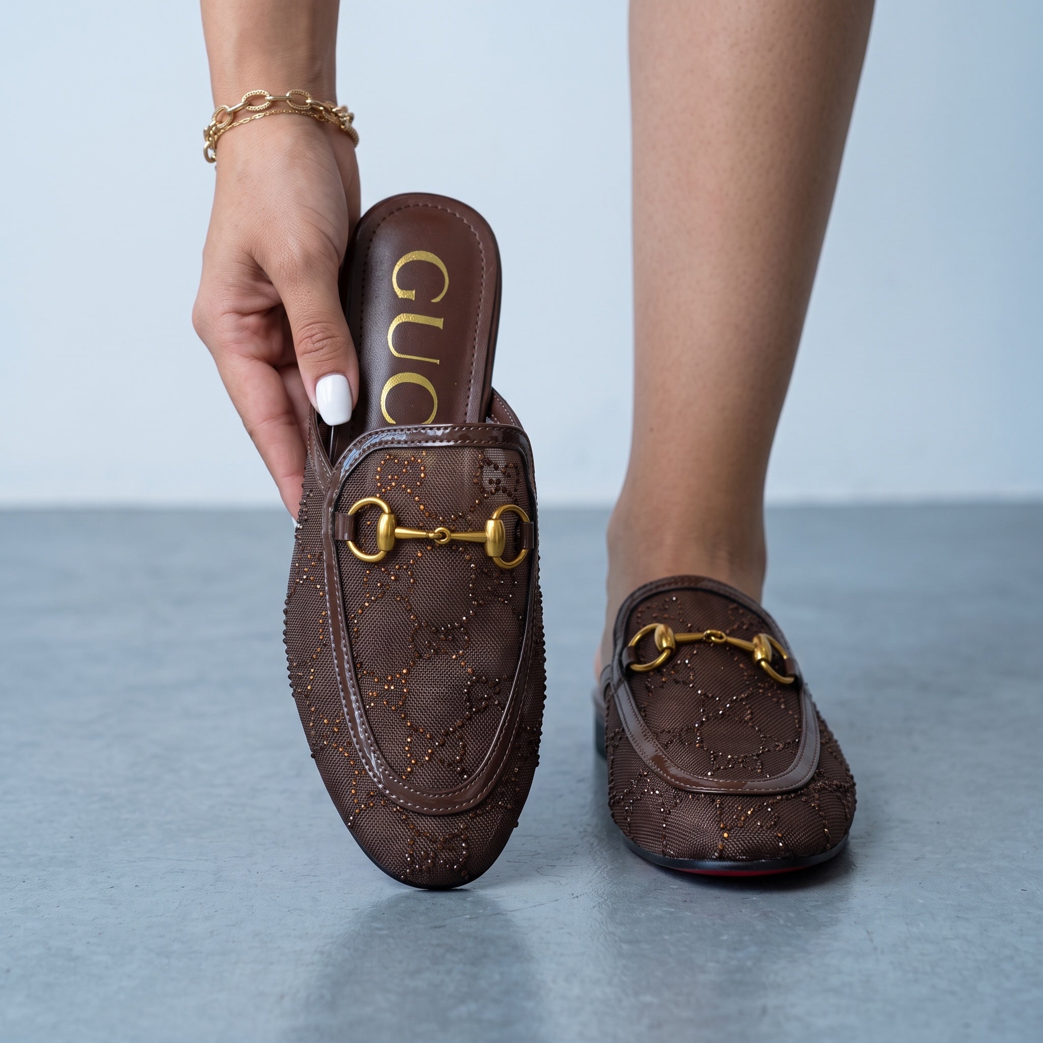 brown Gucci horsebit mesh loafers with gold horsebit hardware