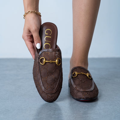 brown Gucci horsebit mesh loafers with gold horsebit hardware