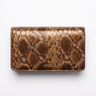 Roberto Cavalli brown snake-print clutch with antique-gold serpent hardware