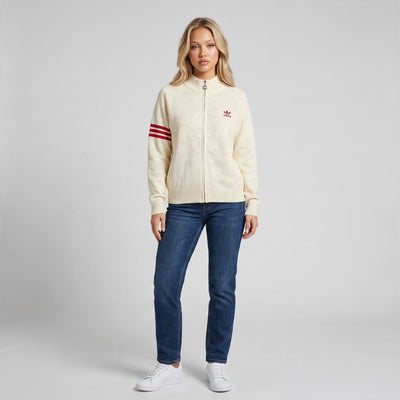 Cream Adidas full-zip track jacket with red trefoil logo and red sleeve stripes