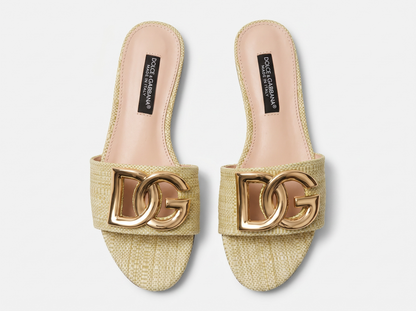 Dolce & Gabbana DG Raffia Slide Sandals – Champagne Gold ✨👡