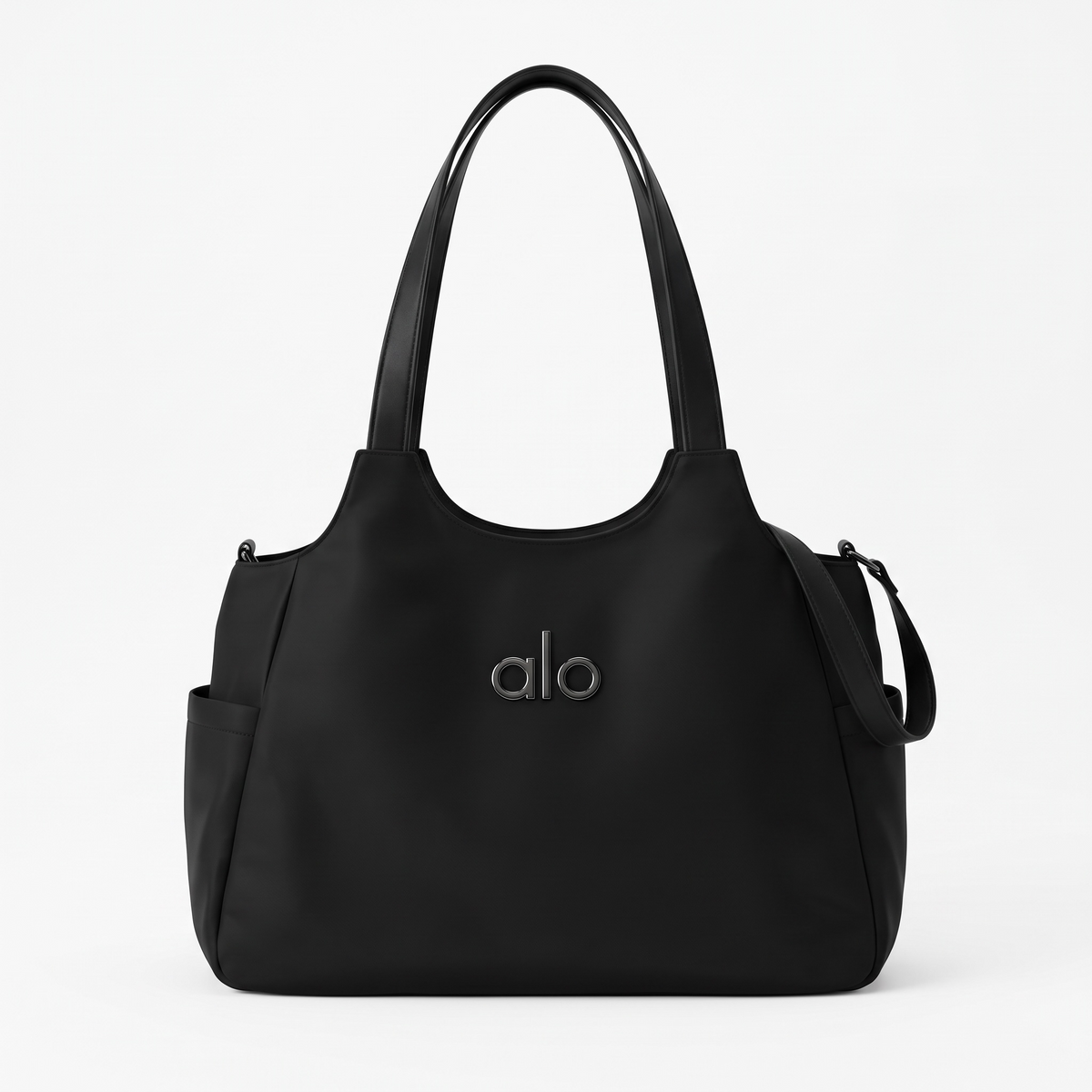 Black Alo tote bag with double shoulder straps and central logo