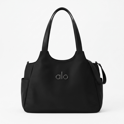 Black Alo tote bag with double shoulder straps and central logo