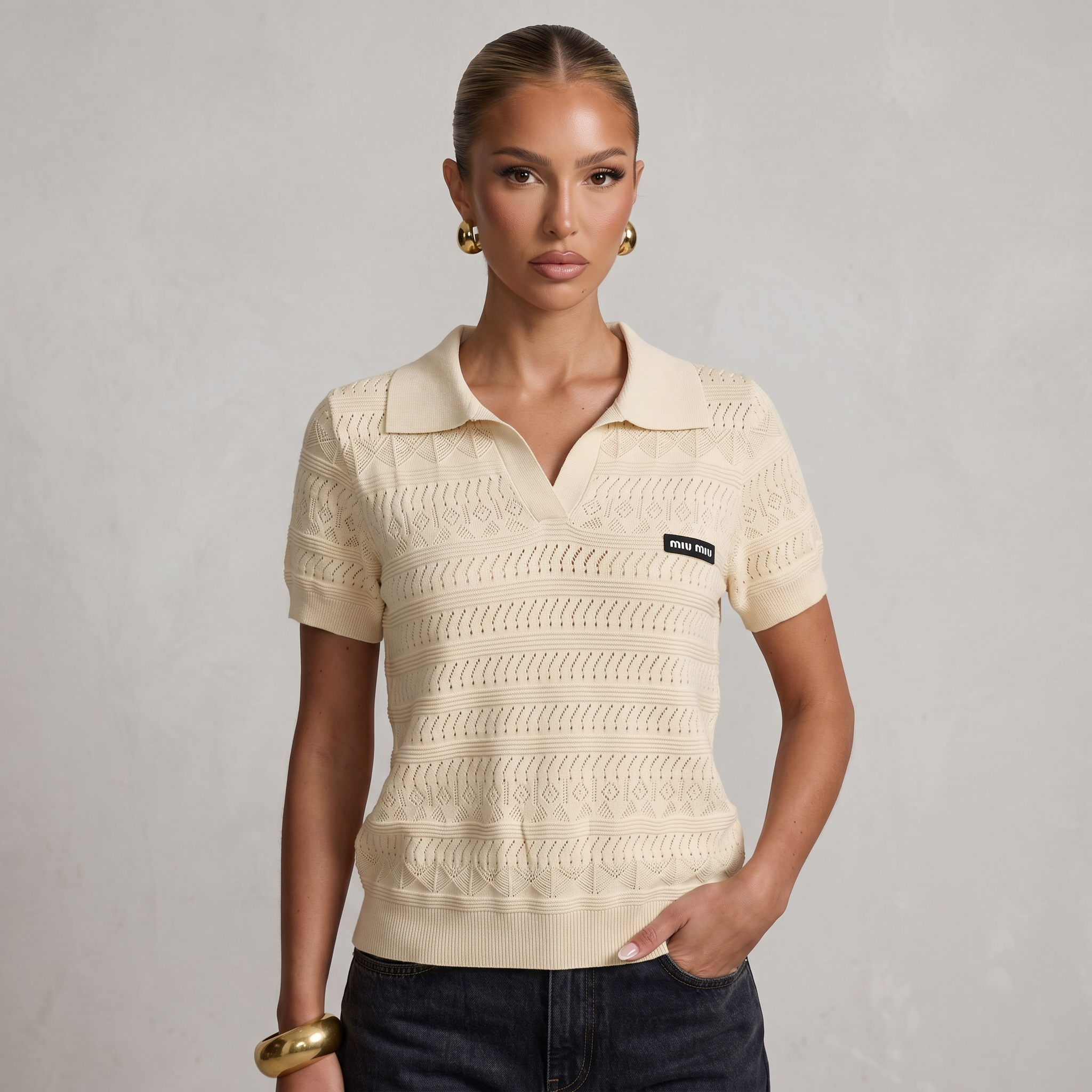 ✨ Miu Miu Pointelle Knit Polo Top – Ivory (one size)