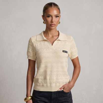 ✨ Miu Miu Pointelle Knit Polo Top – Ivory (one size)