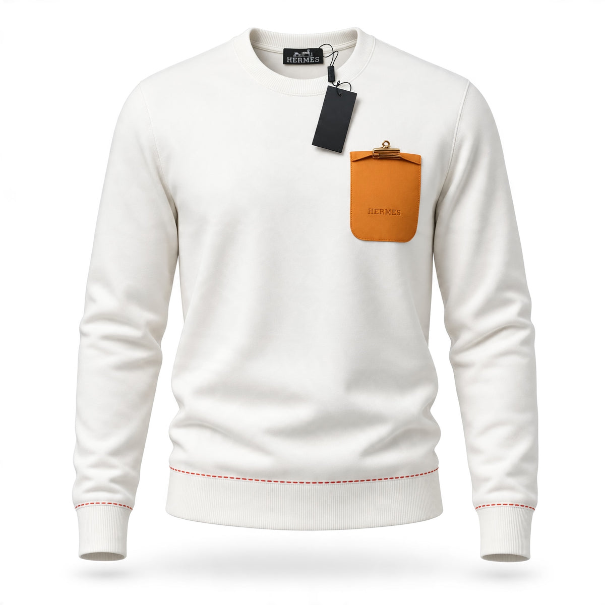 Ivory Hermès crewneck sweatshirt with orange pocket and gold clip
