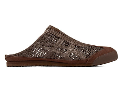 Onitsuka Tiger brown open-knit slip-on mule shoe shown from multiple angles