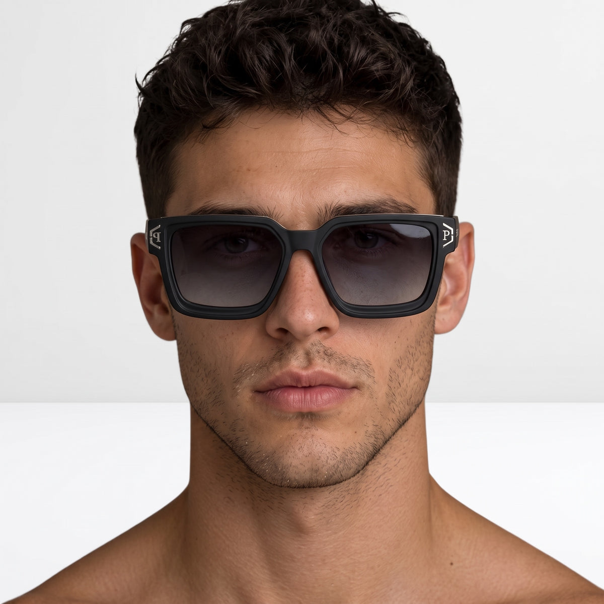 black oversized square Plein sunglasses with gradient lenses and metal logo on temple
