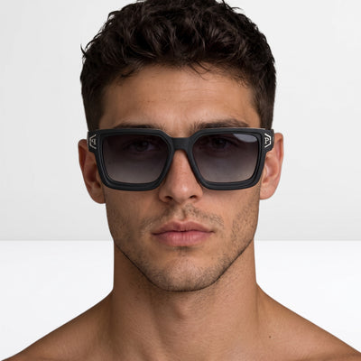 black oversized square Plein sunglasses with gradient lenses and metal logo on temple