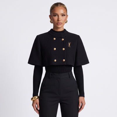 Saint Laurent black cropped cape jacket with gold buttons and YSL logo
