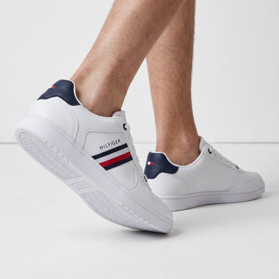 Tommy Hilfiger white low-top sneakers with navy heel tab and red-blue side stripes