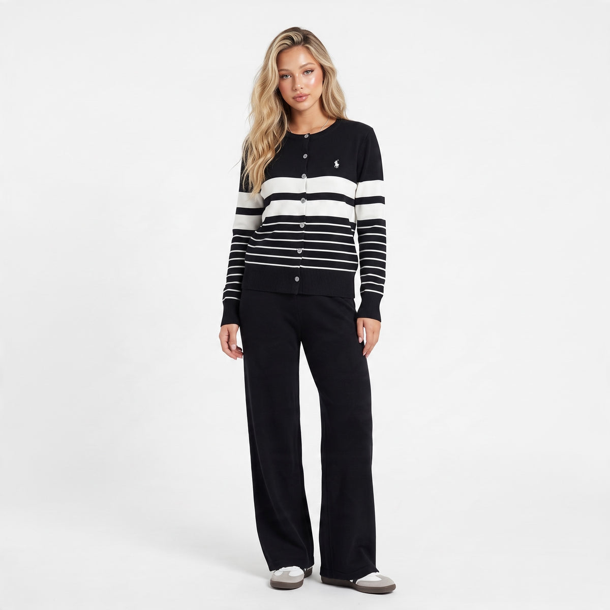 Polo Ralph Lauren navy and white striped button-up cardigan with embroidered pony logo